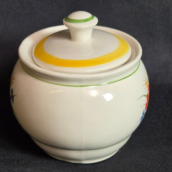 Vintage Arabia Sugar Bowl w Lid Finland Vintage Orange Poppy Red Yellow Suomi 3" - Picture 2 of 11